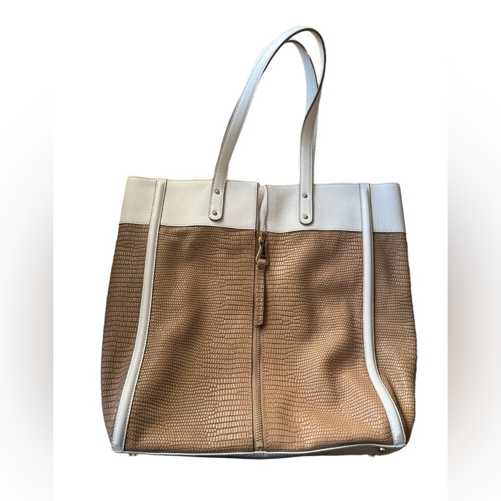 Escada White Brown Leather Shoulder Bag Purse Zipper